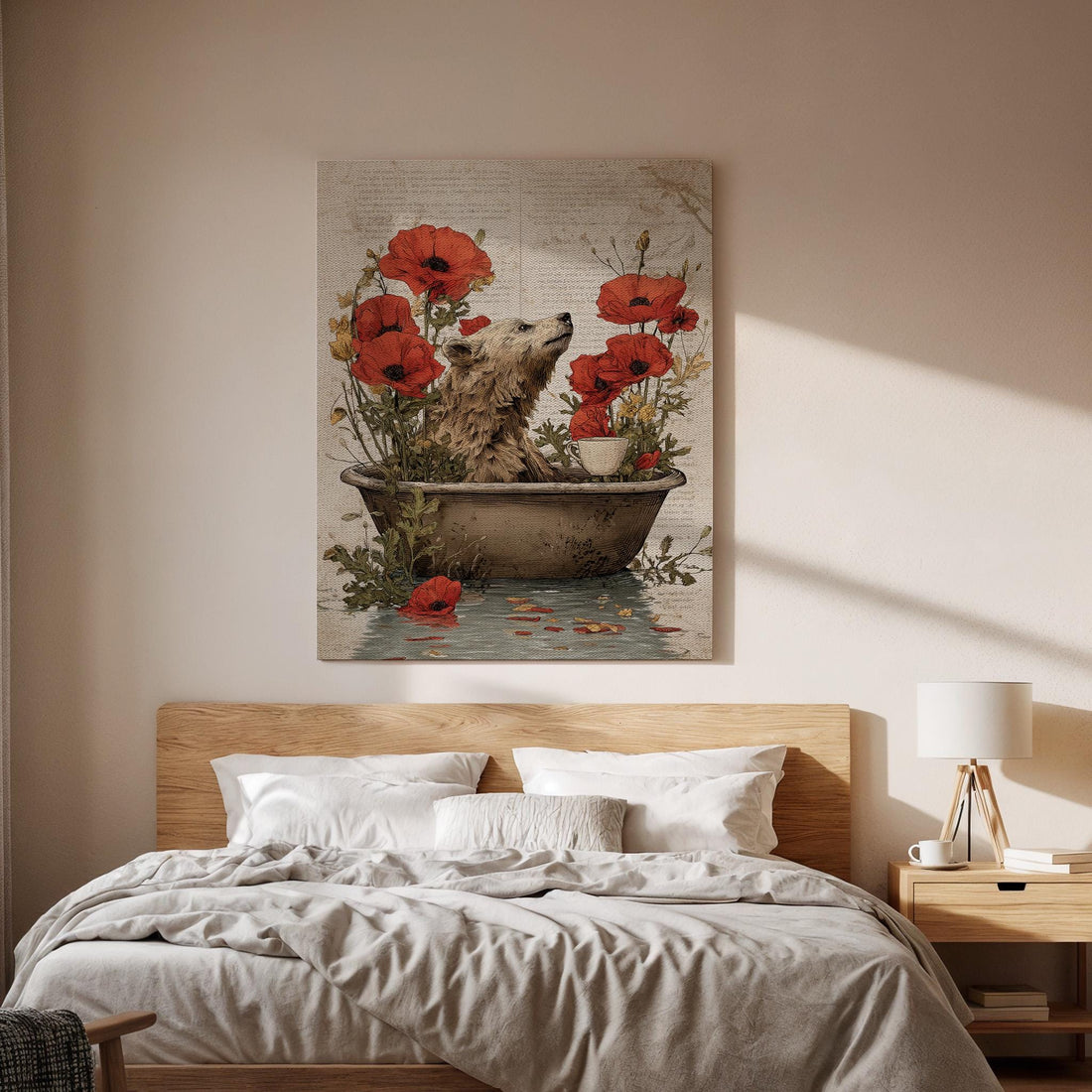 Whimsical Bear Bath Canvas Art, Storybook Illustration with Red Poppies, Cozy Fantasy Animal Wall Decor, Framed Nursery Artwork, Canvas Art