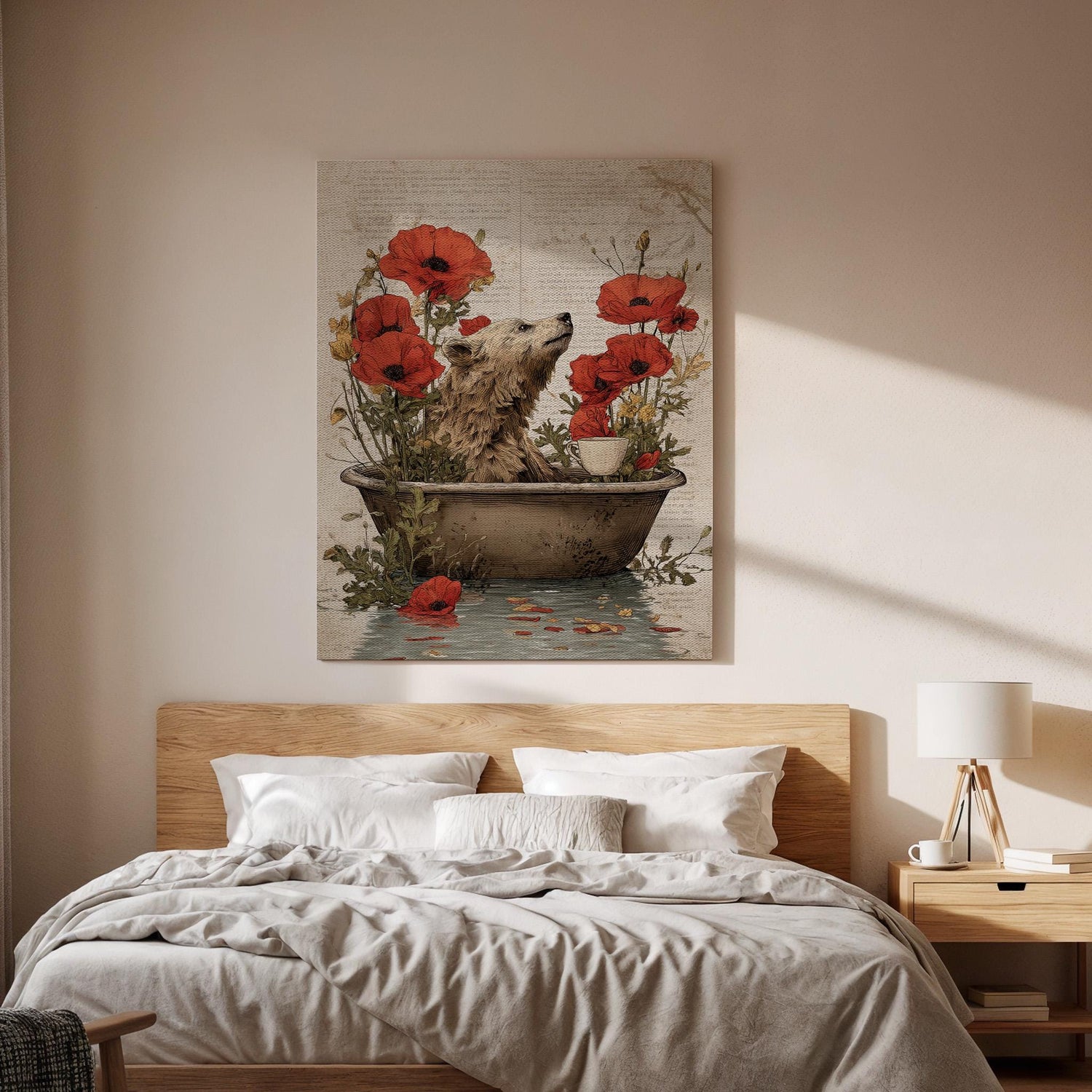 Whimsical Bear Bath Canvas Art, Storybook Illustration with Red Poppies, Cozy Fantasy Animal Wall Decor, Framed Nursery Artwork, Canvas Art