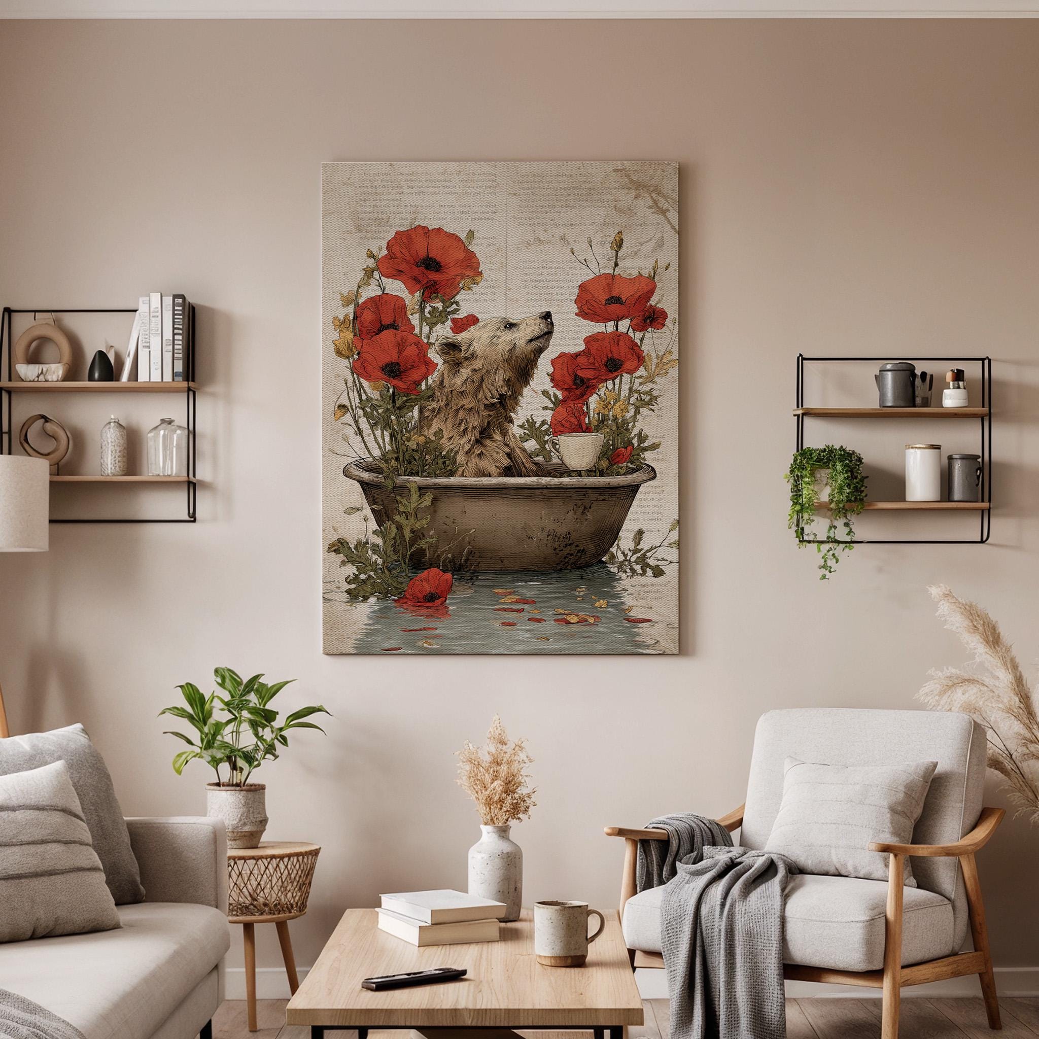 Whimsical Bear Bath Canvas Art, Storybook Illustration with Red Poppies, Cozy Fantasy Animal Wall Decor, Framed Nursery Artwork, Canvas Art
