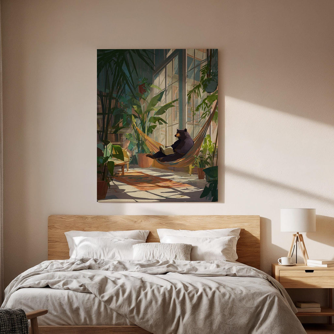Whimsical Bear Hammock Canvas Art, Cozy Indoor Garden Illustration with Reading Bear, Relaxed Nature Scene Wall Decor, Framed Artwork