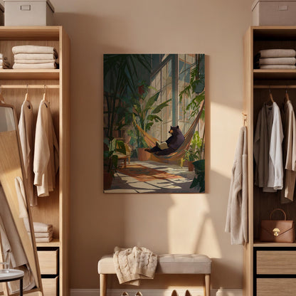 Whimsical Bear Hammock Canvas Art, Cozy Indoor Garden Illustration with Reading Bear, Relaxed Nature Scene Wall Decor, Framed Artwork