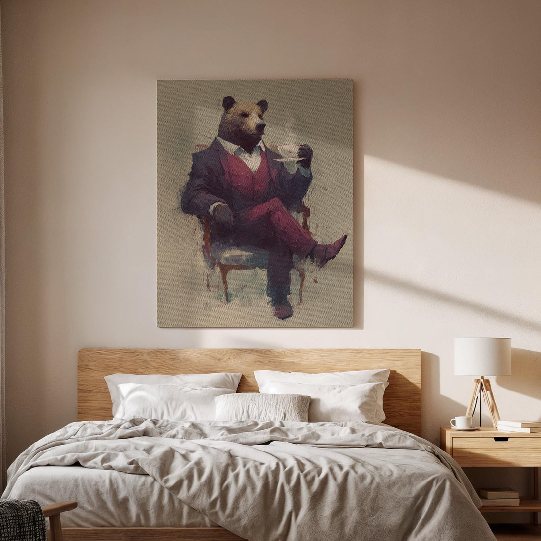 Gentleman Bear Canvas Art, Elegant Anthropomorphic Portrait with Coffee Cup, Vintage Style Illustration for Living Room, Framed Wall Artwork