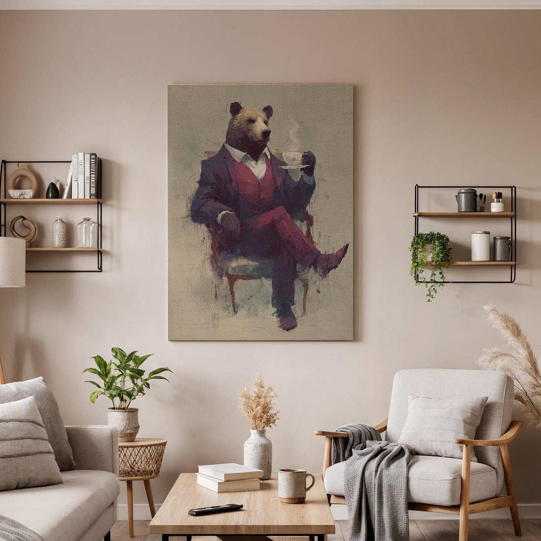 Gentleman Bear Canvas Art, Elegant Anthropomorphic Portrait with Coffee Cup, Vintage Style Illustration for Living Room, Framed Wall Artwork