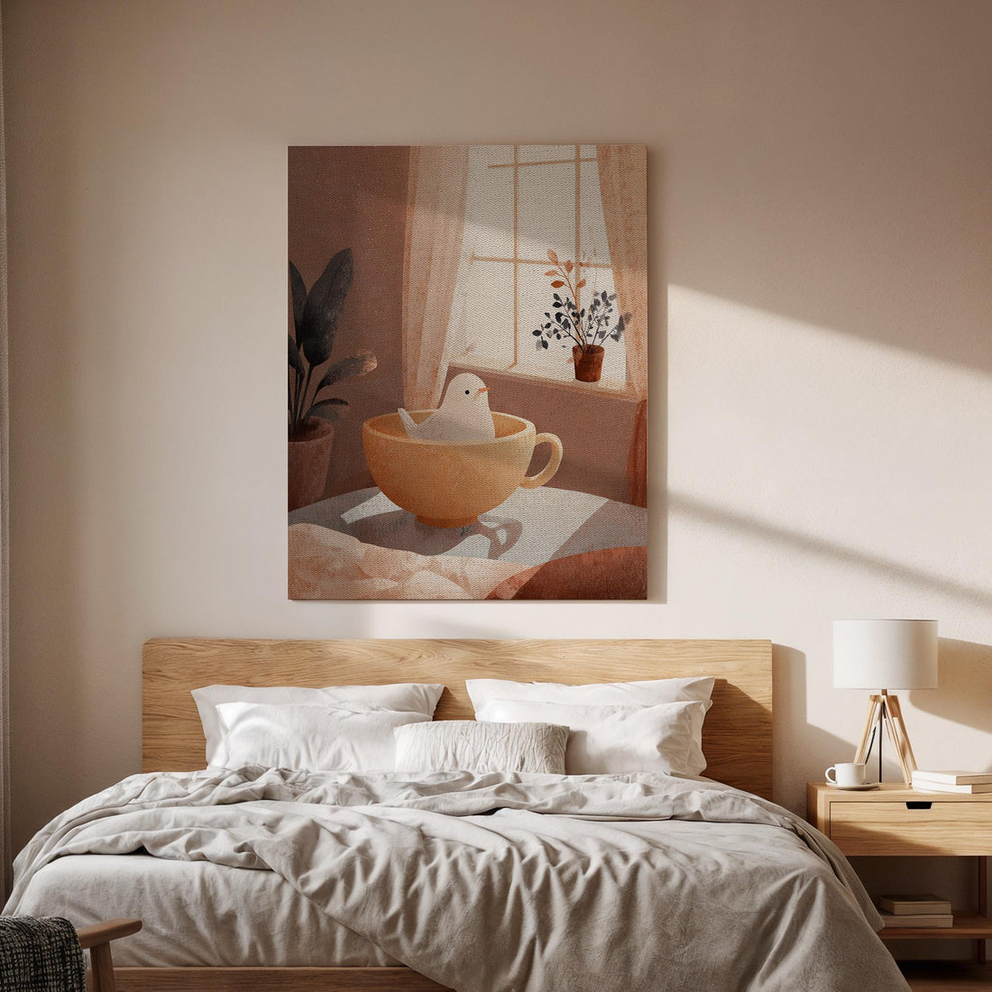 Cozy Bird in Teacup Canvas Art, Minimalist Illustration with Warm Tones, Whimsical Home Decor Illustration for Bedroom, Framed Wall Art