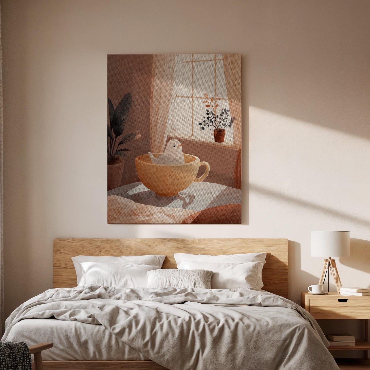 Cozy Bird in Teacup Canvas Art, Minimalist Illustration with Warm Tones, Whimsical Home Decor Illustration for Bedroom, Framed Wall Art