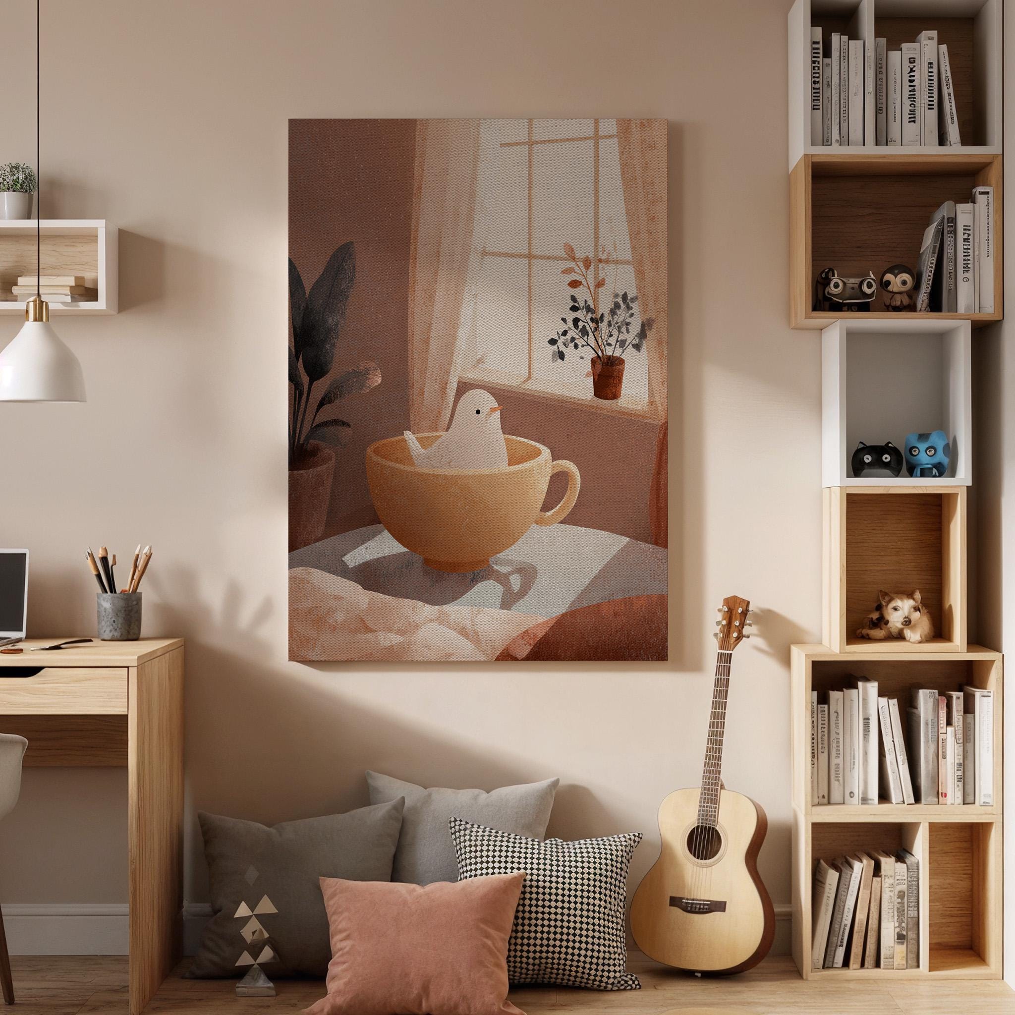 Cozy Bird in Teacup Canvas Art, Minimalist Illustration with Warm Tones, Whimsical Home Decor Illustration for Bedroom, Framed Wall Art