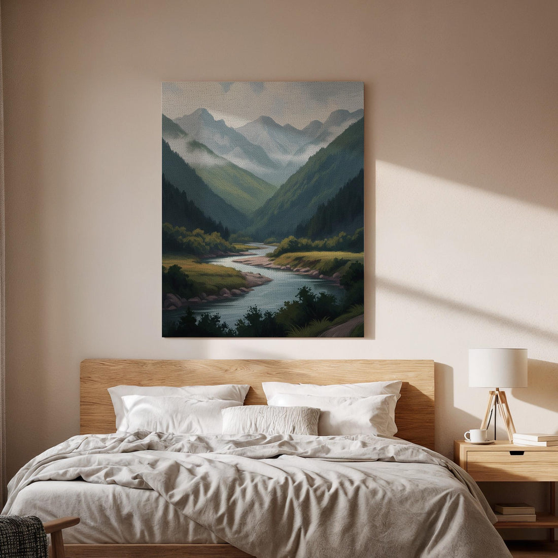 Serene Mountain River Canvas Art, Misty Green Valley Landscape Illustration, Calm Nature Wall Decor for Bedroom Living Room, Framed Wall Art