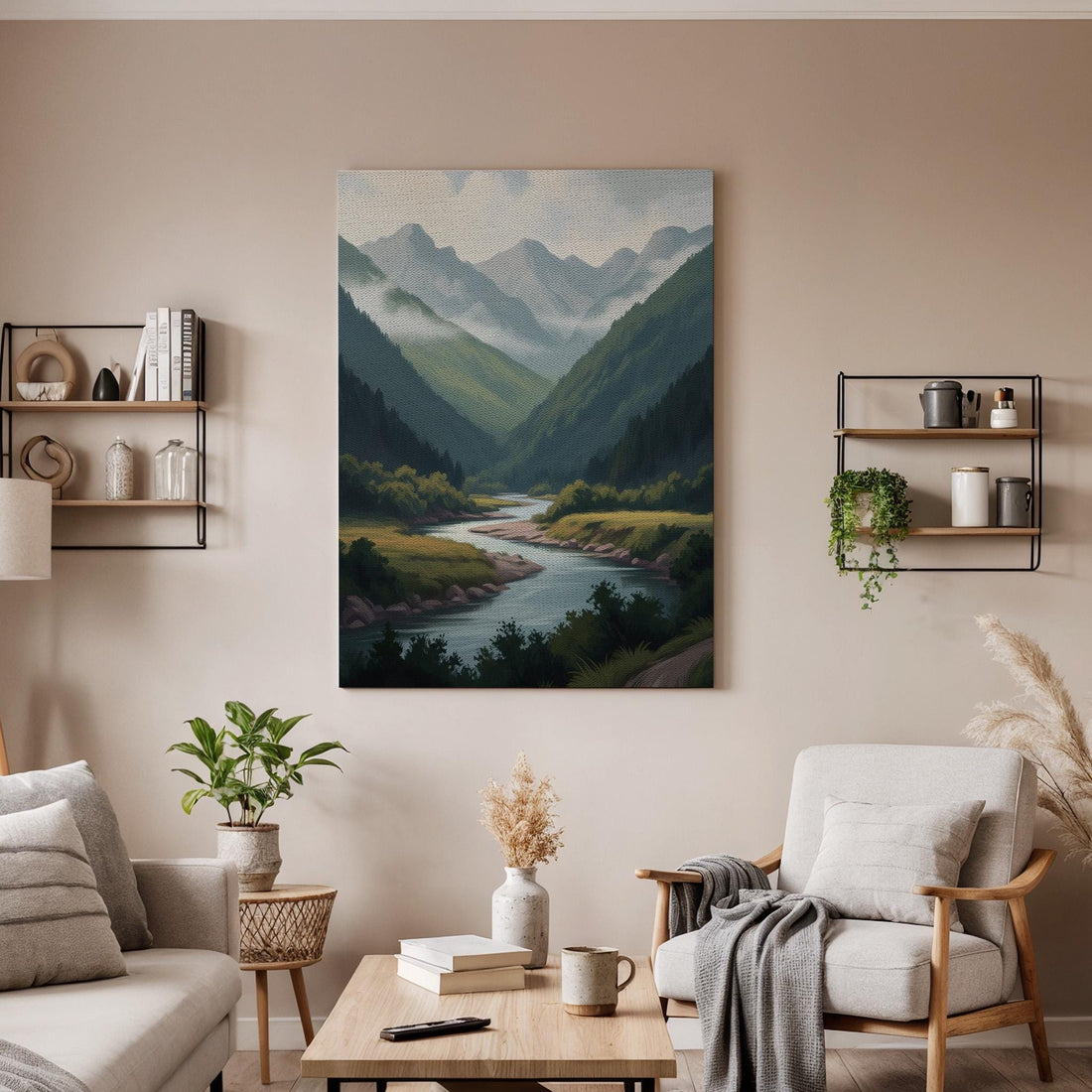 Serene Mountain River Canvas Art, Misty Green Valley Landscape Illustration, Calm Nature Wall Decor for Bedroom Living Room, Framed Wall Art