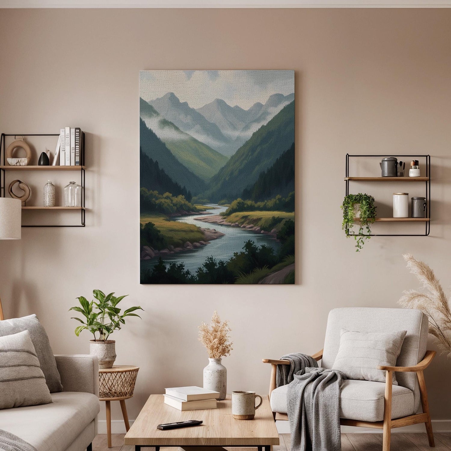Serene Mountain River Canvas Art, Misty Green Valley Landscape Illustration, Calm Nature Wall Decor for Bedroom Living Room, Framed Wall Art