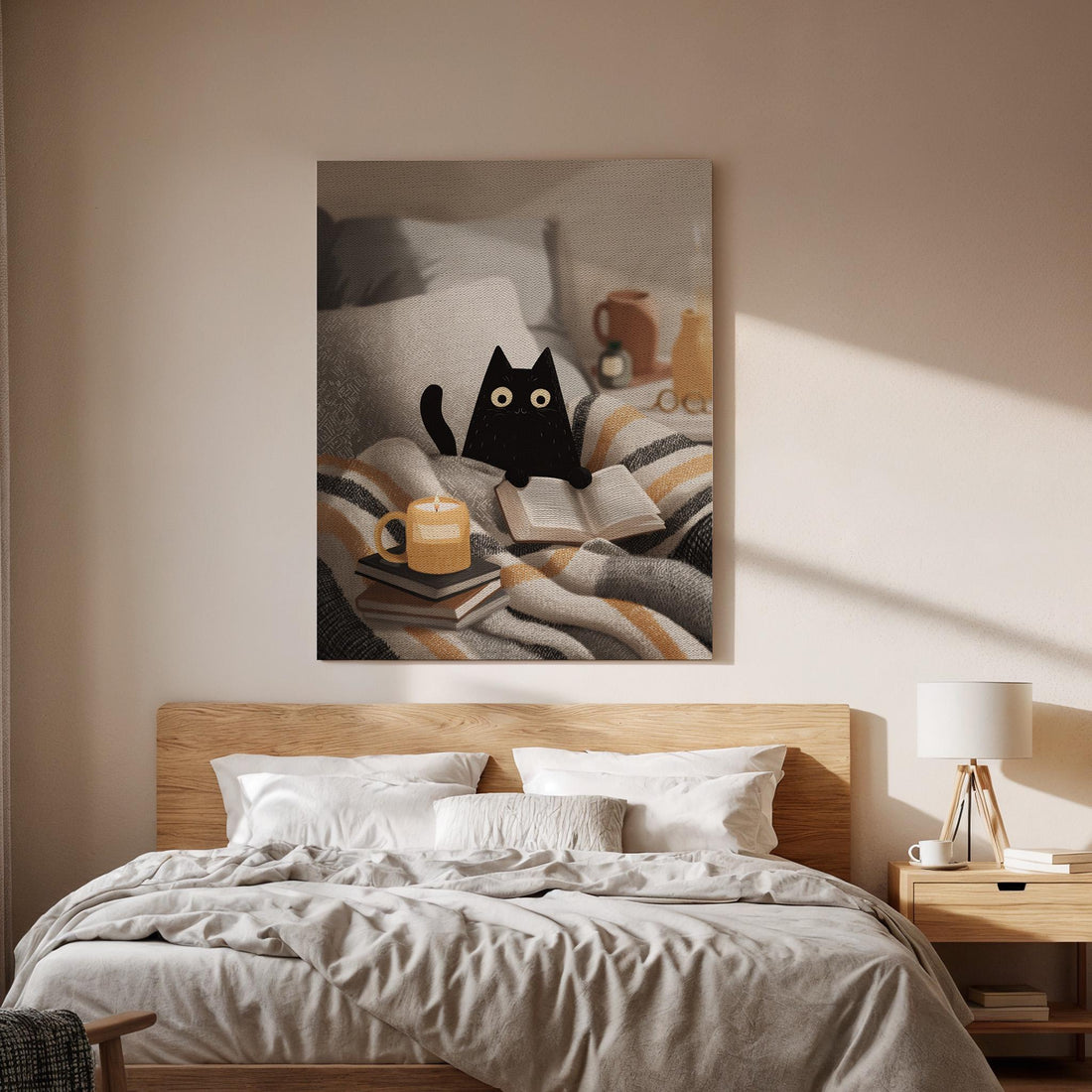 Cozy Black Cat Canvas Art, Cute Reading Cat Illustration with Candle and Books, Warm Bedroom Decor, Soft Neutral Tones, Framed Wall Art