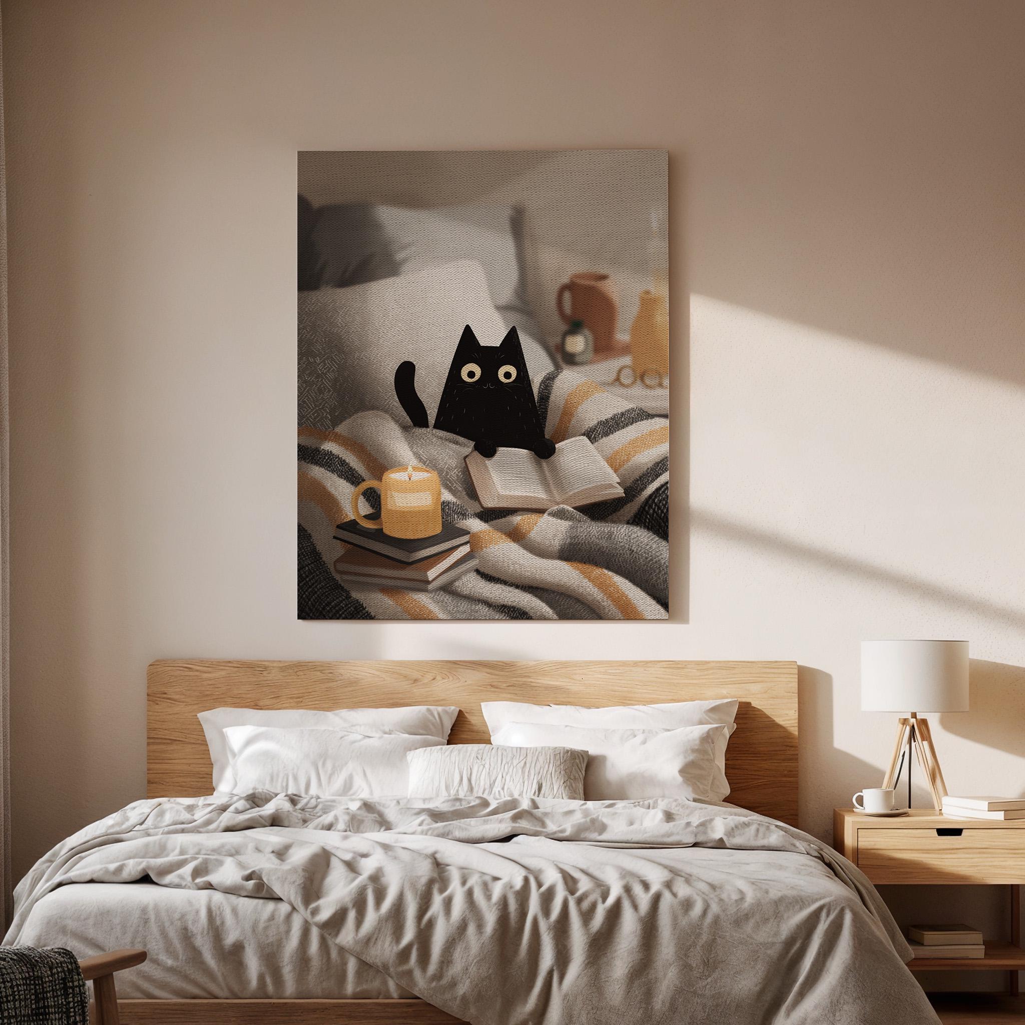 Cozy Black Cat Canvas Art, Cute Reading Cat Illustration with Candle and Books, Warm Bedroom Decor, Soft Neutral Tones, Framed Wall Art