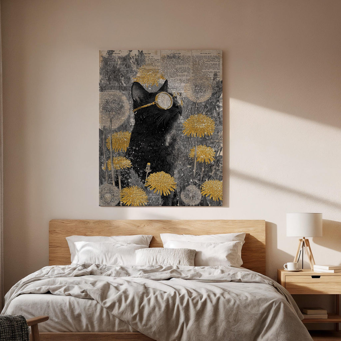 Vintage Black Cat Canvas Art, Surreal Cat with Monocle and Yellow Flowers, Antique Collage Style, Elegant Wall Decor, Framed Artwork