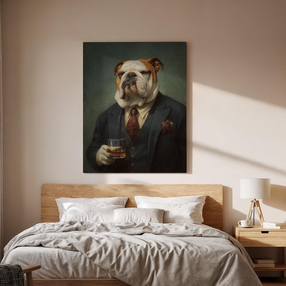 Vintage Bulldog Gentleman Canvas Art, Classic Dog Portrait with Suit and Whiskey Glass, Timeless Wall Decor, Elegant Framed Artwork