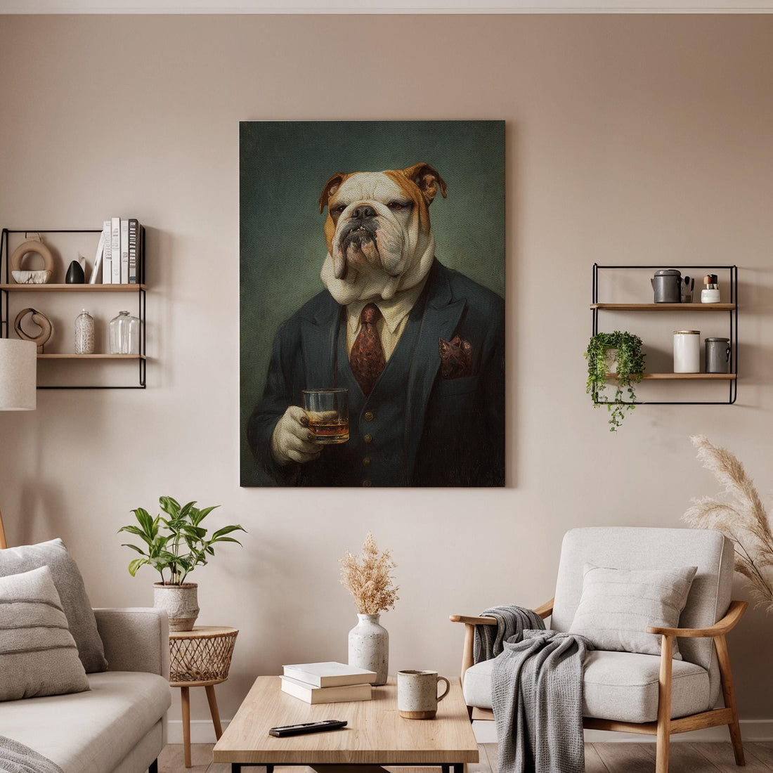 Vintage Bulldog Gentleman Canvas Art, Classic Dog Portrait with Suit and Whiskey Glass, Timeless Wall Decor, Elegant Framed Artwork