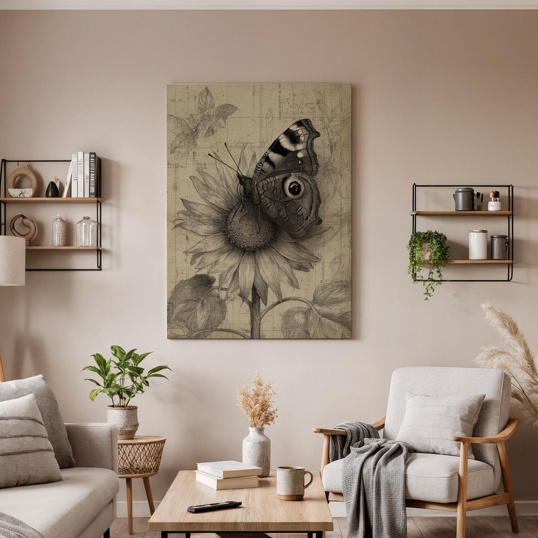 Vintage Butterfly Botanical Canvas Art, Detailed Floral Sketch with Antique Style Insect Illustration, Elegant Framed Wall Decor, Home Art