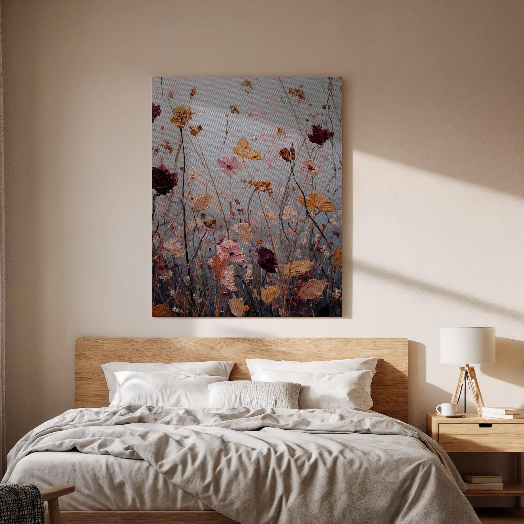 Soft Floral Meadow Canvas Art, Dreamy Wildflower Painting with Pastel Tones and Textured Details, Elegant Framed Wall Decor, New Home Gift
