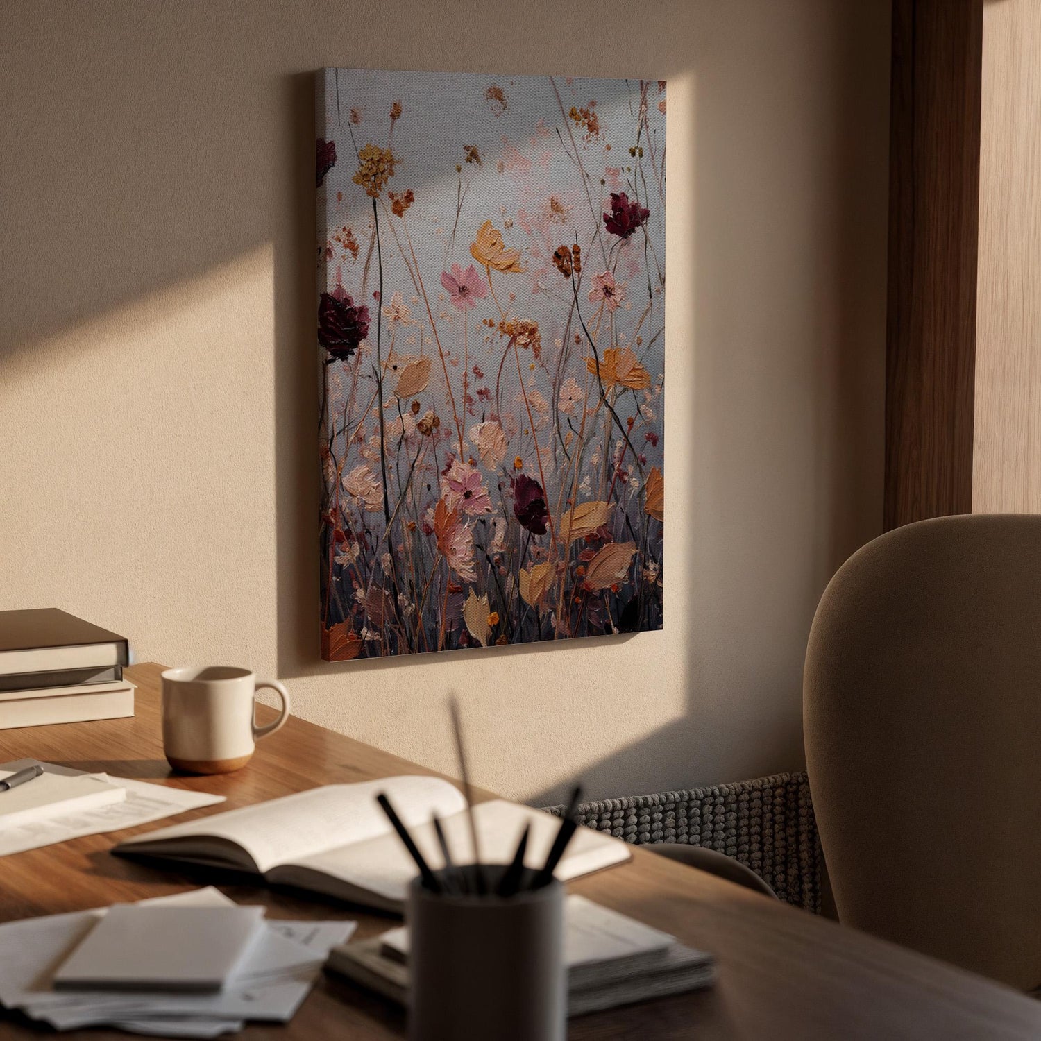 Soft Floral Meadow Canvas Art, Dreamy Wildflower Painting with Pastel Tones and Textured Details, Elegant Framed Wall Decor, New Home Gift