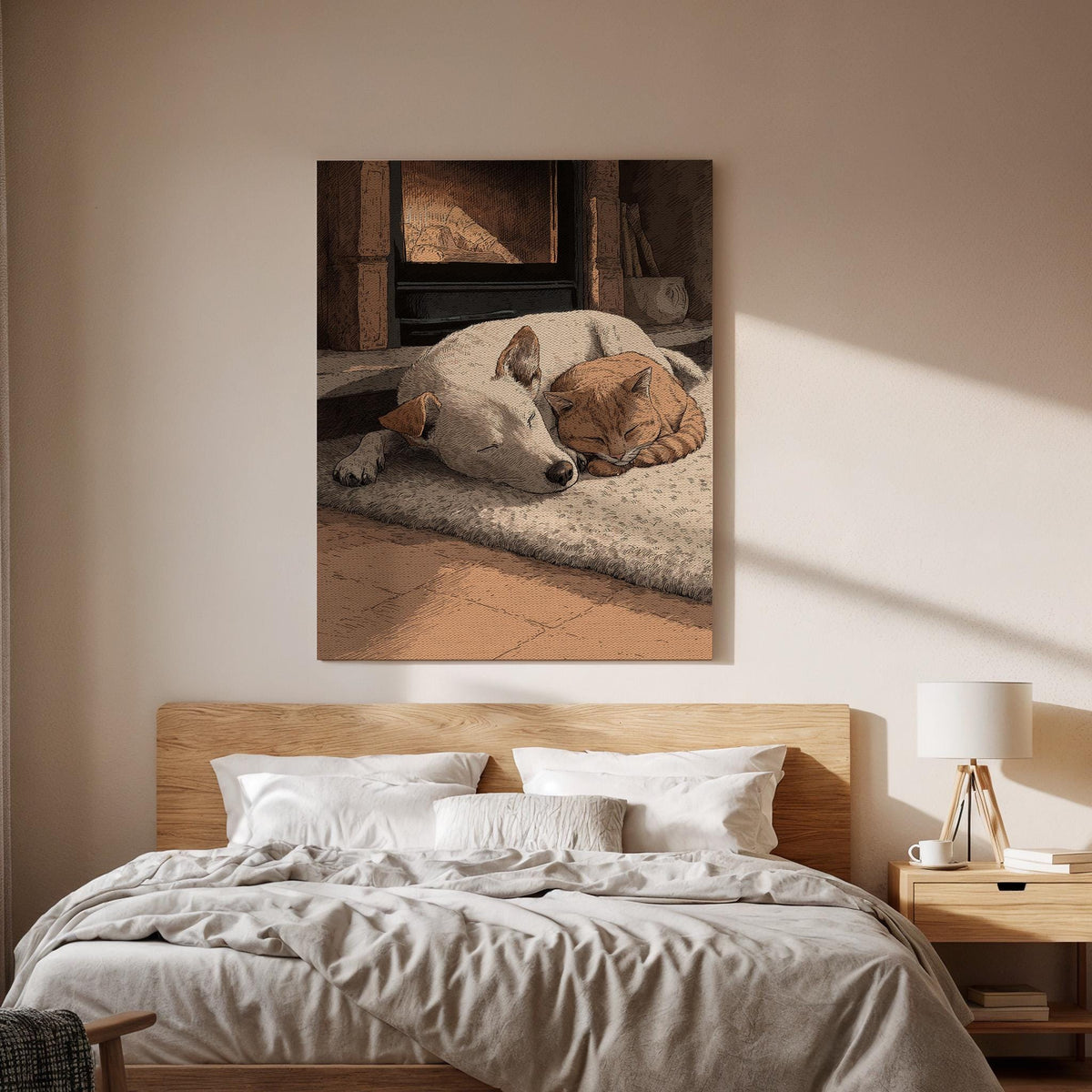 Cozy Animal Wall Art, Framed Canvas Decor, Sleeping Dog And Cat Illustration, Warm Home Scene Artwork, Bedroom Living Room Wall Decor