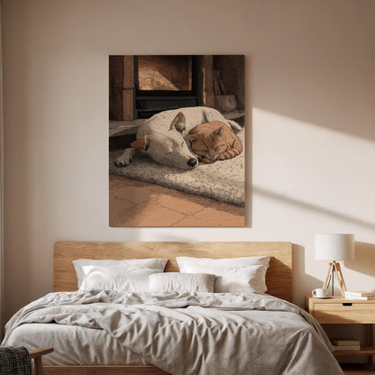 Cozy Animal Wall Art, Framed Canvas Decor, Sleeping Dog And Cat Illustration, Warm Home Scene Artwork, Bedroom Living Room Wall Decor