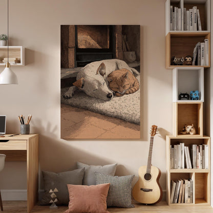 Cozy Animal Wall Art, Framed Canvas Decor, Sleeping Dog And Cat Illustration, Warm Home Scene Artwork, Bedroom Living Room Wall Decor