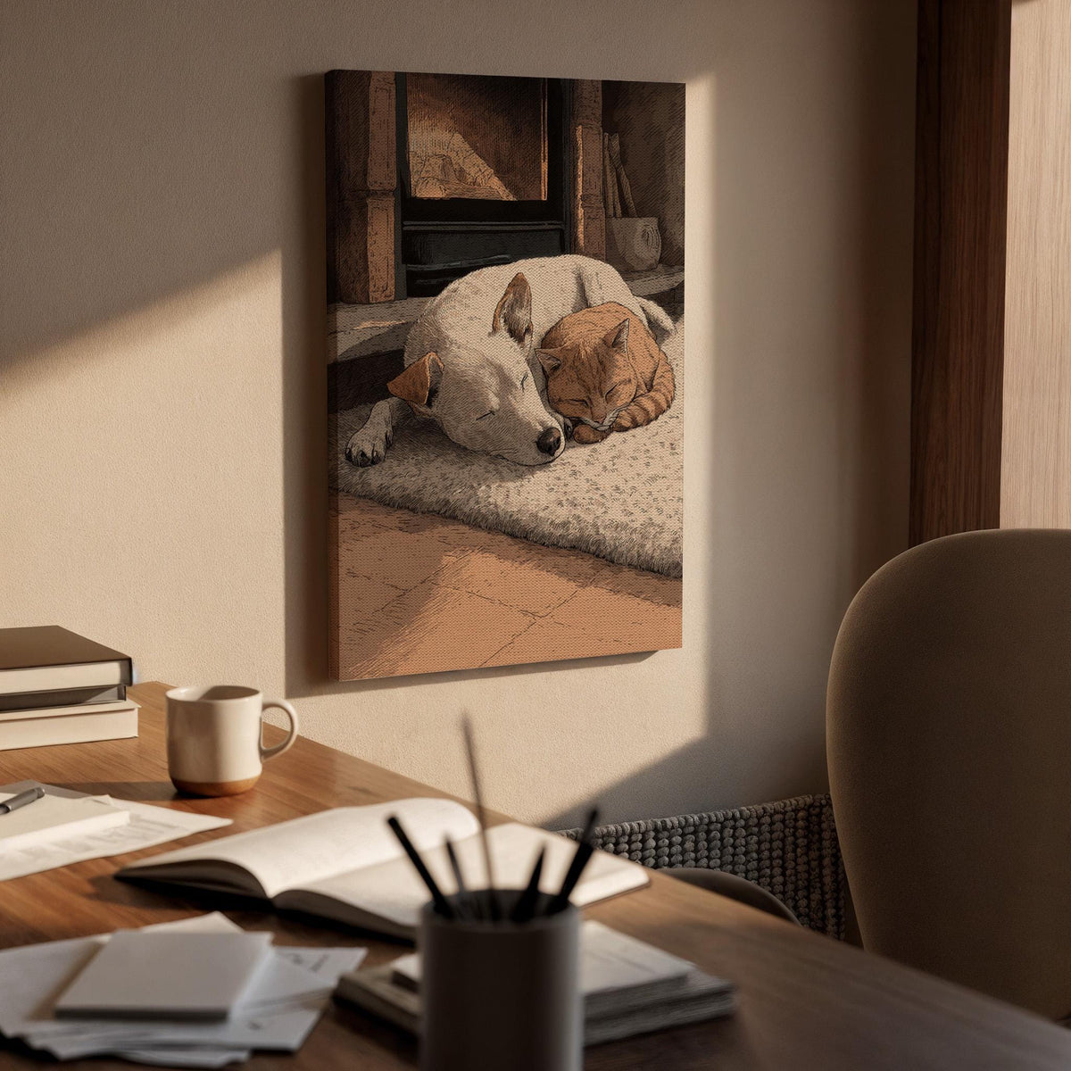 Cozy Animal Wall Art, Framed Canvas Decor, Sleeping Dog And Cat Illustration, Warm Home Scene Artwork, Bedroom Living Room Wall Decor