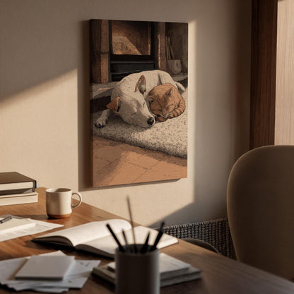 Cozy Animal Wall Art, Framed Canvas Decor, Sleeping Dog And Cat Illustration, Warm Home Scene Artwork, Bedroom Living Room Wall Decor