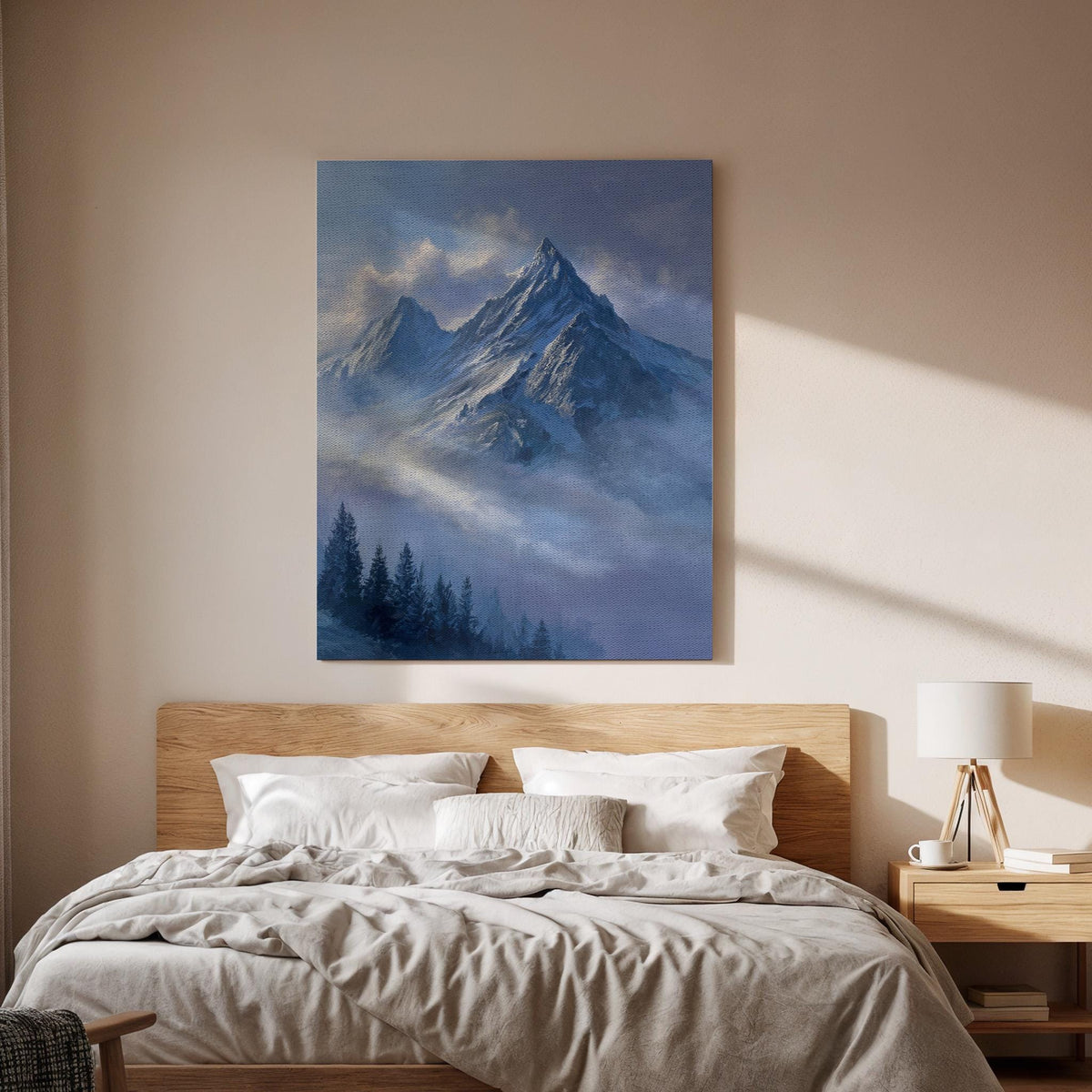 Framed Mountain Peaks, Misty Alpine Landscape, Soft Blue Sky Canvas, Snowy Summit Scene, Calm Nature Wall Decor, Canvas Wall Decor, Artwork