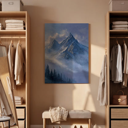 Framed Mountain Peaks, Misty Alpine Landscape, Soft Blue Sky Canvas, Snowy Summit Scene, Calm Nature Wall Decor, Canvas Wall Decor, Artwork
