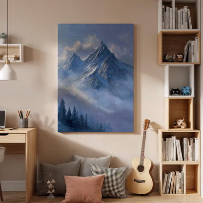 Framed Mountain Peaks, Misty Alpine Landscape, Soft Blue Sky Canvas, Snowy Summit Scene, Calm Nature Wall Decor, Canvas Wall Decor, Artwork