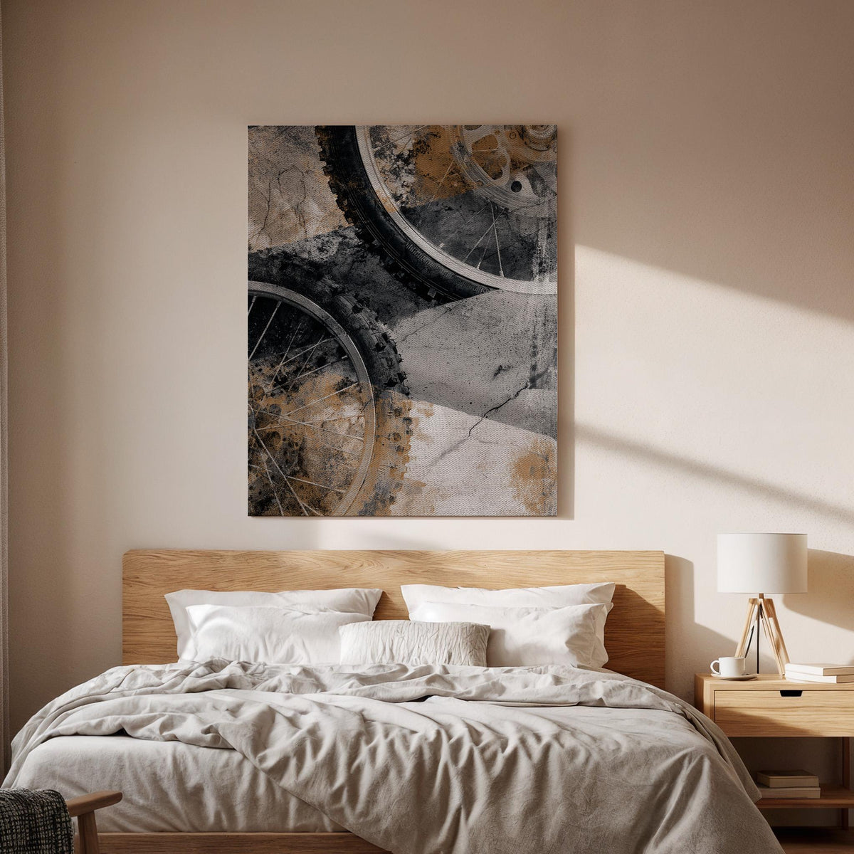 Industrial Abstract Wall Art, Framed Canvas Decor, Bicycle Wheel Texture, Urban Concrete Style, Modern Loft Interior Design, Canvas Artwork