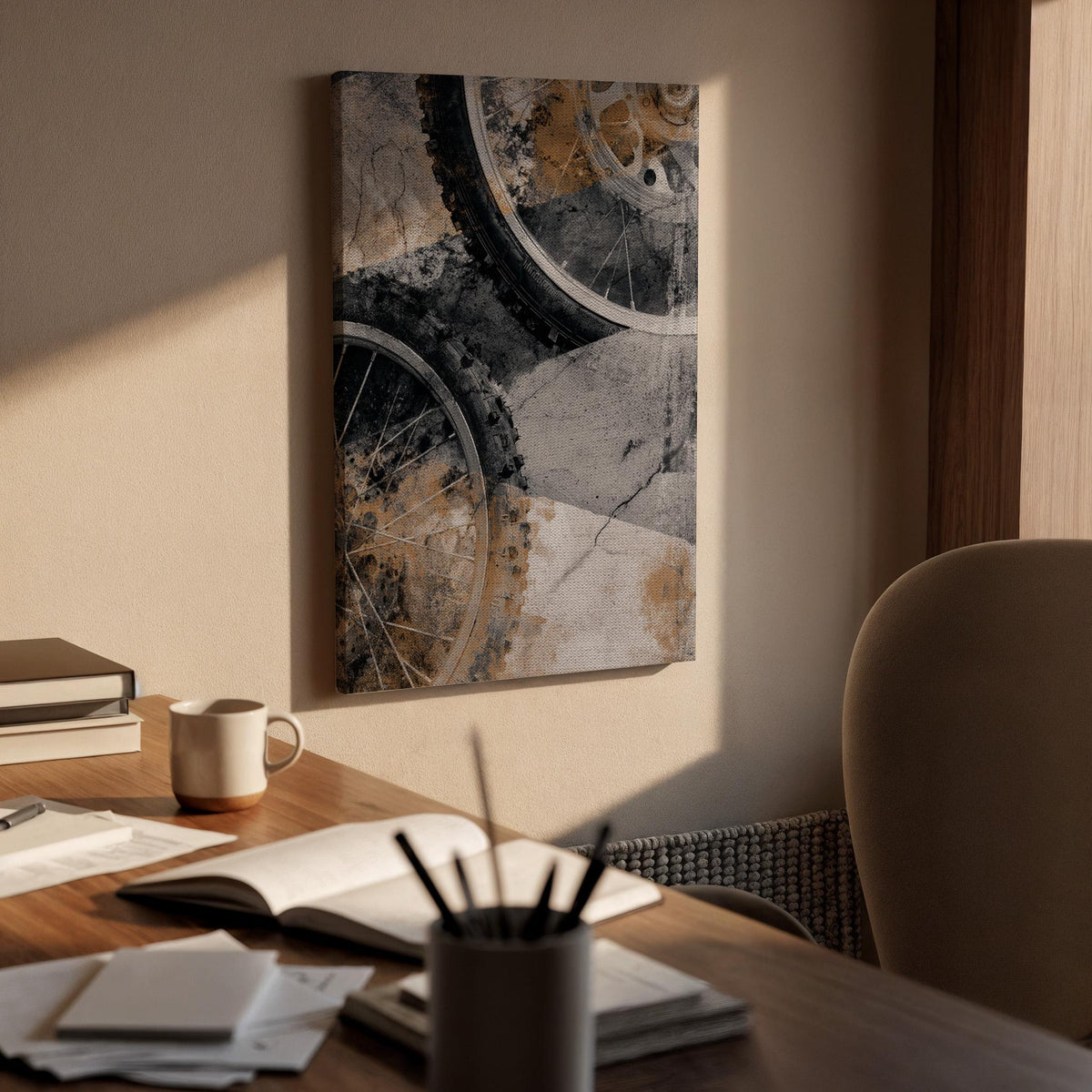 Industrial Abstract Wall Art, Framed Canvas Decor, Bicycle Wheel Texture, Urban Concrete Style, Modern Loft Interior Design, Canvas Artwork