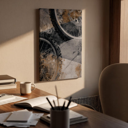 Industrial Abstract Wall Art, Framed Canvas Decor, Bicycle Wheel Texture, Urban Concrete Style, Modern Loft Interior Design, Canvas Artwork