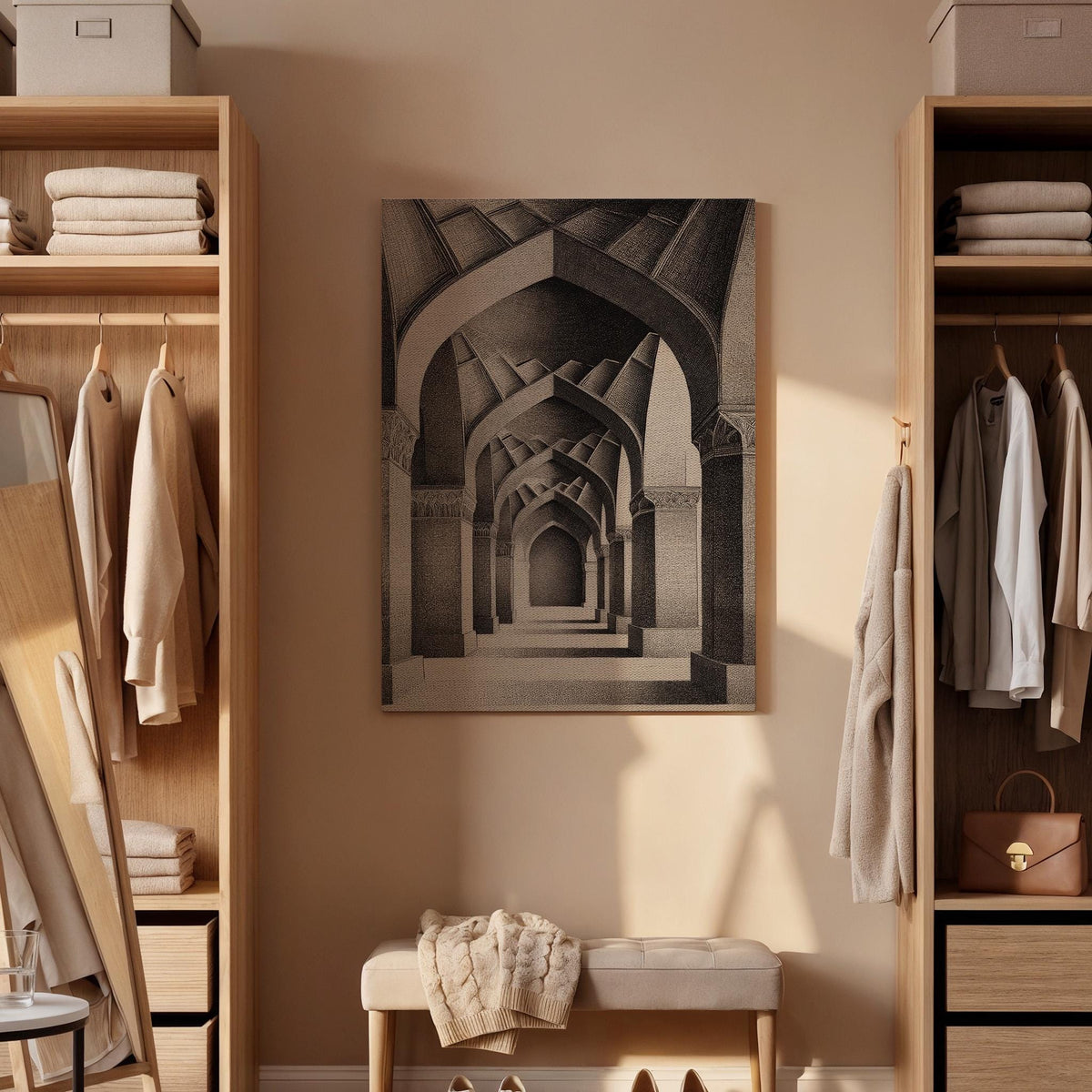 Architectural Canvas Corridor Art, Monochrome Wall Art, Perspective Drawing, Classical Architecture, Framed Canvas Art, Minimalist Decor