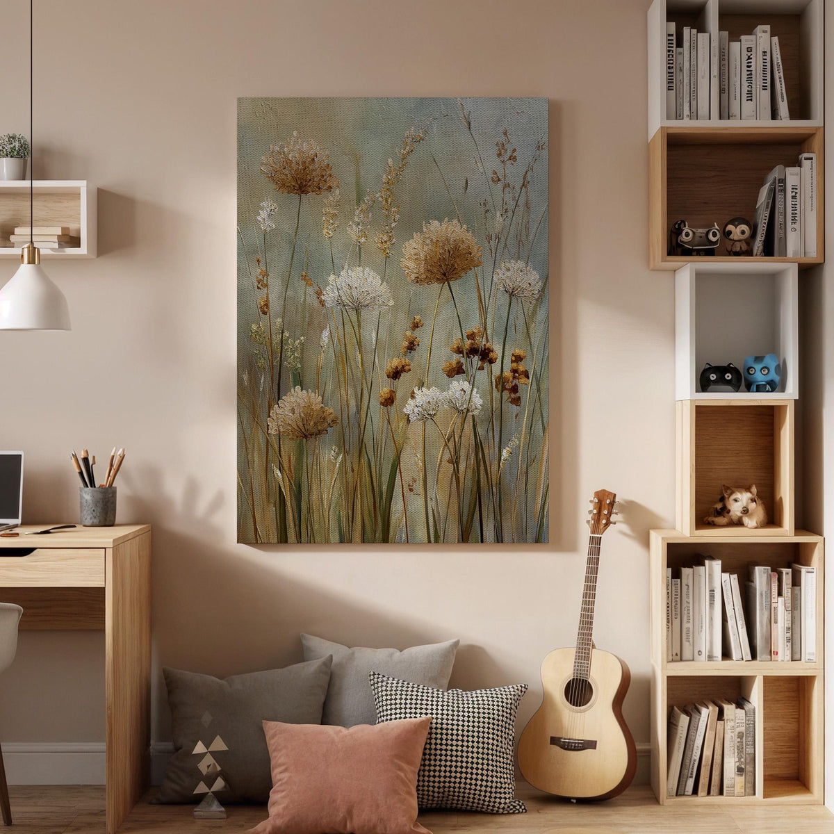 Modern Botanical Canvas, Framed Wall Art, Soft Wildflowers, Neutral Nature Tones, Minimal Floral Design, Contemporary Canvas Artwork