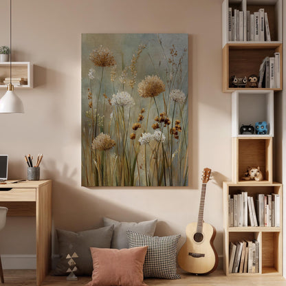 Modern Botanical Canvas, Framed Wall Art, Soft Wildflowers, Neutral Nature Tones, Minimal Floral Design, Contemporary Canvas Artwork