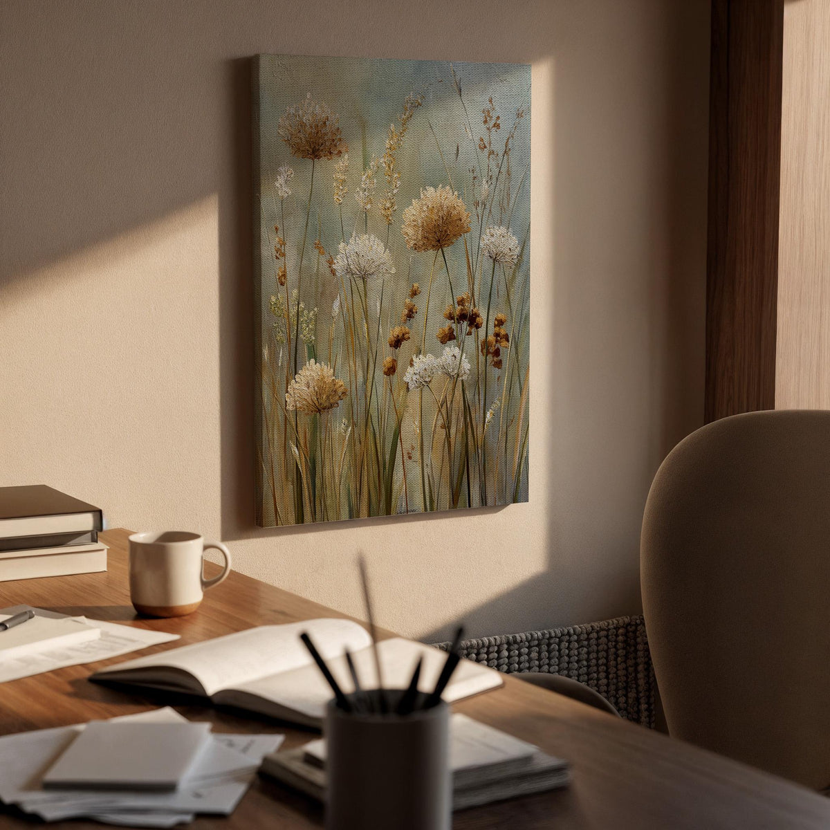 Modern Botanical Canvas, Framed Wall Art, Soft Wildflowers, Neutral Nature Tones, Minimal Floral Design, Contemporary Canvas Artwork