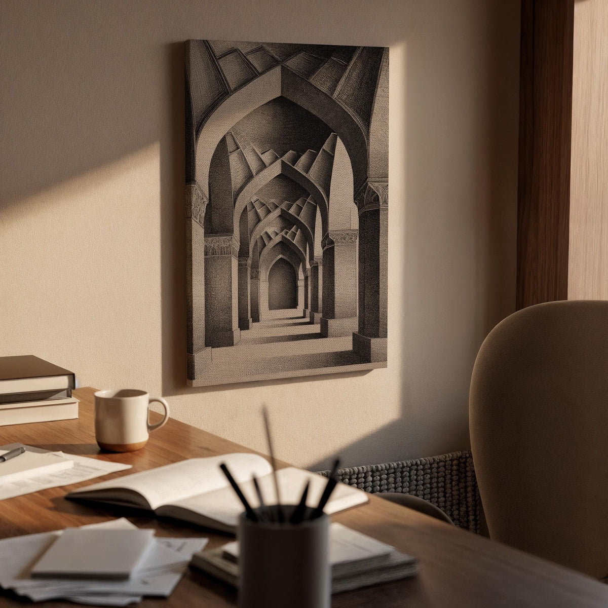 Architectural Canvas Corridor Art, Monochrome Wall Art, Perspective Drawing, Classical Architecture, Framed Canvas Art, Minimalist Decor