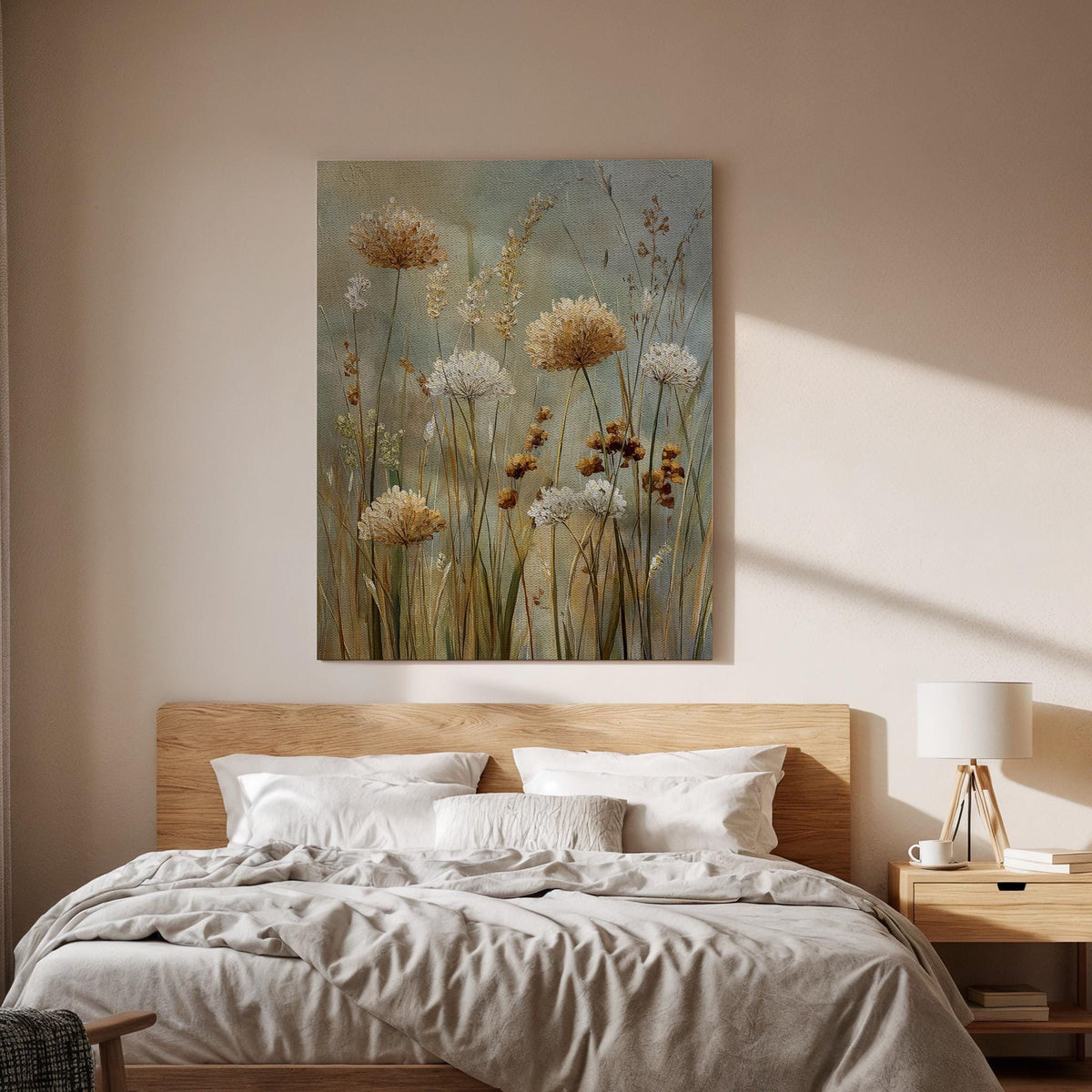 Modern Botanical Canvas, Framed Wall Art, Soft Wildflowers, Neutral Nature Tones, Minimal Floral Design, Contemporary Canvas Artwork