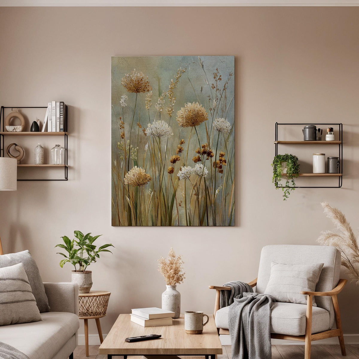 Modern Botanical Canvas, Framed Wall Art, Soft Wildflowers, Neutral Nature Tones, Minimal Floral Design, Contemporary Canvas Artwork
