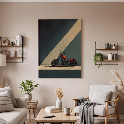 Minimal Motorcycle Canvas, Framed Urban Art, Geometric Wall Design, Industrial Aesthetic Style, Modern Graphic Canvas, Canvas Wall Decor