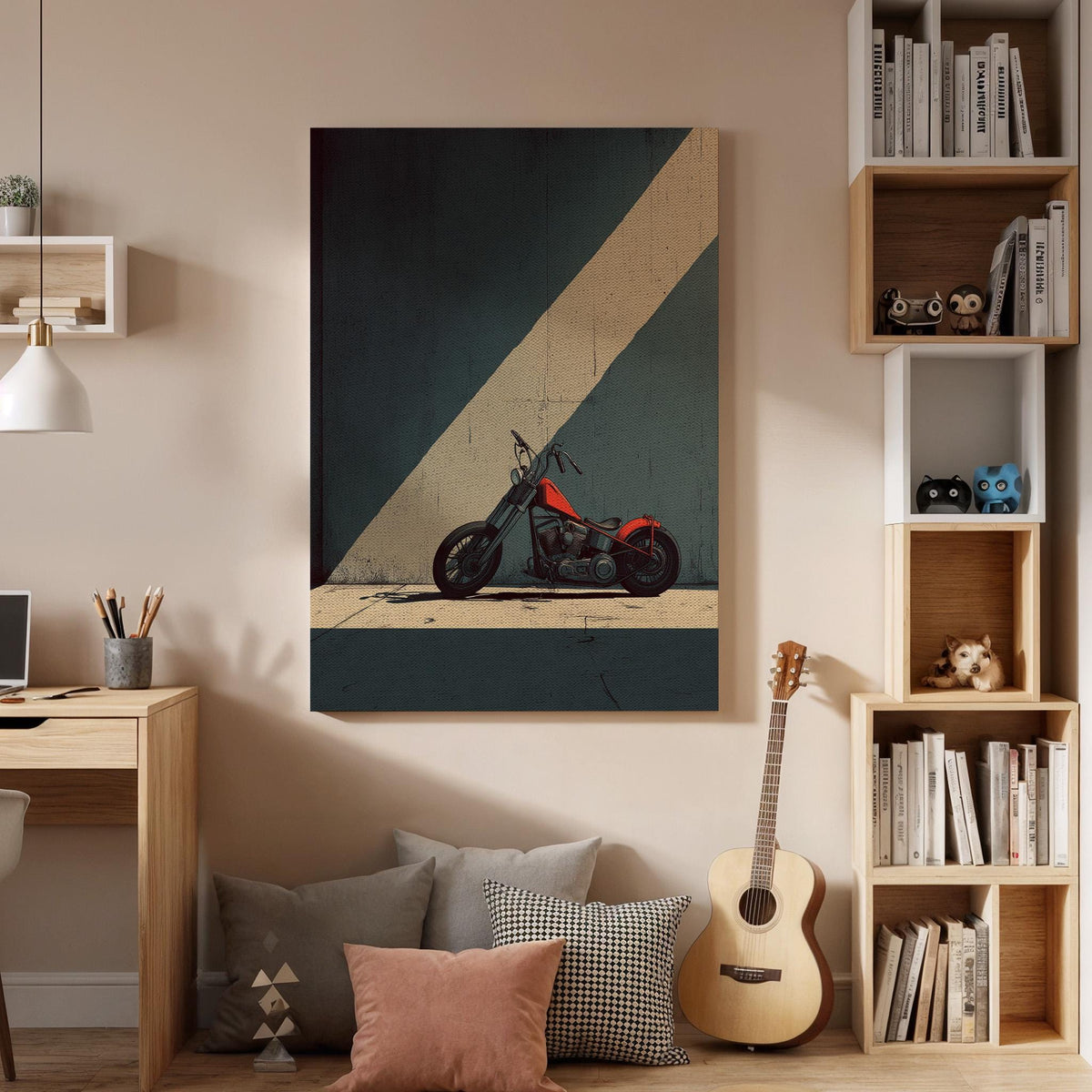 Minimal Motorcycle Canvas, Framed Urban Art, Geometric Wall Design, Industrial Aesthetic Style, Modern Graphic Canvas, Canvas Wall Decor