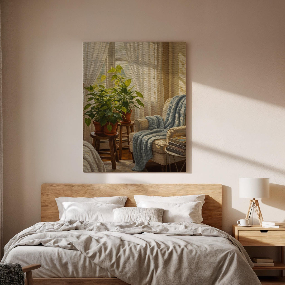 Framed Botanical Interior Canvas Wall Art, Cozy Reading Corner Illustration, Warm Living Room Decor, Nature Inspired Home Artwork, Home Gift