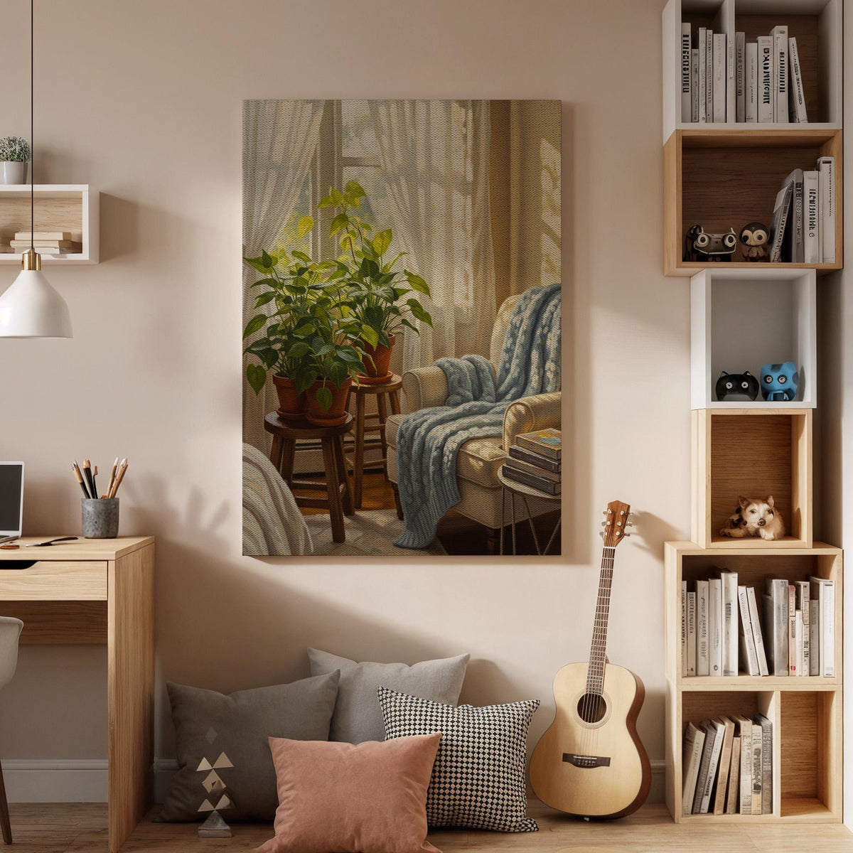 Framed Botanical Interior Canvas Wall Art, Cozy Reading Corner Illustration, Warm Living Room Decor, Nature Inspired Home Artwork, Home Gift