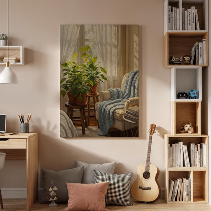 Framed Botanical Interior Canvas Wall Art, Cozy Reading Corner Illustration, Warm Living Room Decor, Nature Inspired Home Artwork, Home Gift