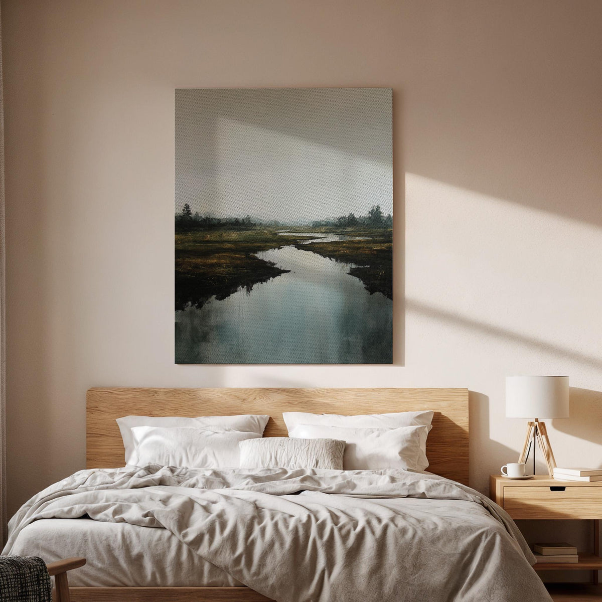 Moody Landscape Canvas Wall Art, Framed River Reflection Artwork, Misty Nature Scene Decor, Modern Bedroom, Living Room Accent, New Home Art