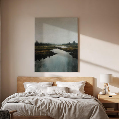 Moody Landscape Canvas Wall Art, Framed River Reflection Artwork, Misty Nature Scene Decor, Modern Bedroom, Living Room Accent, New Home Art