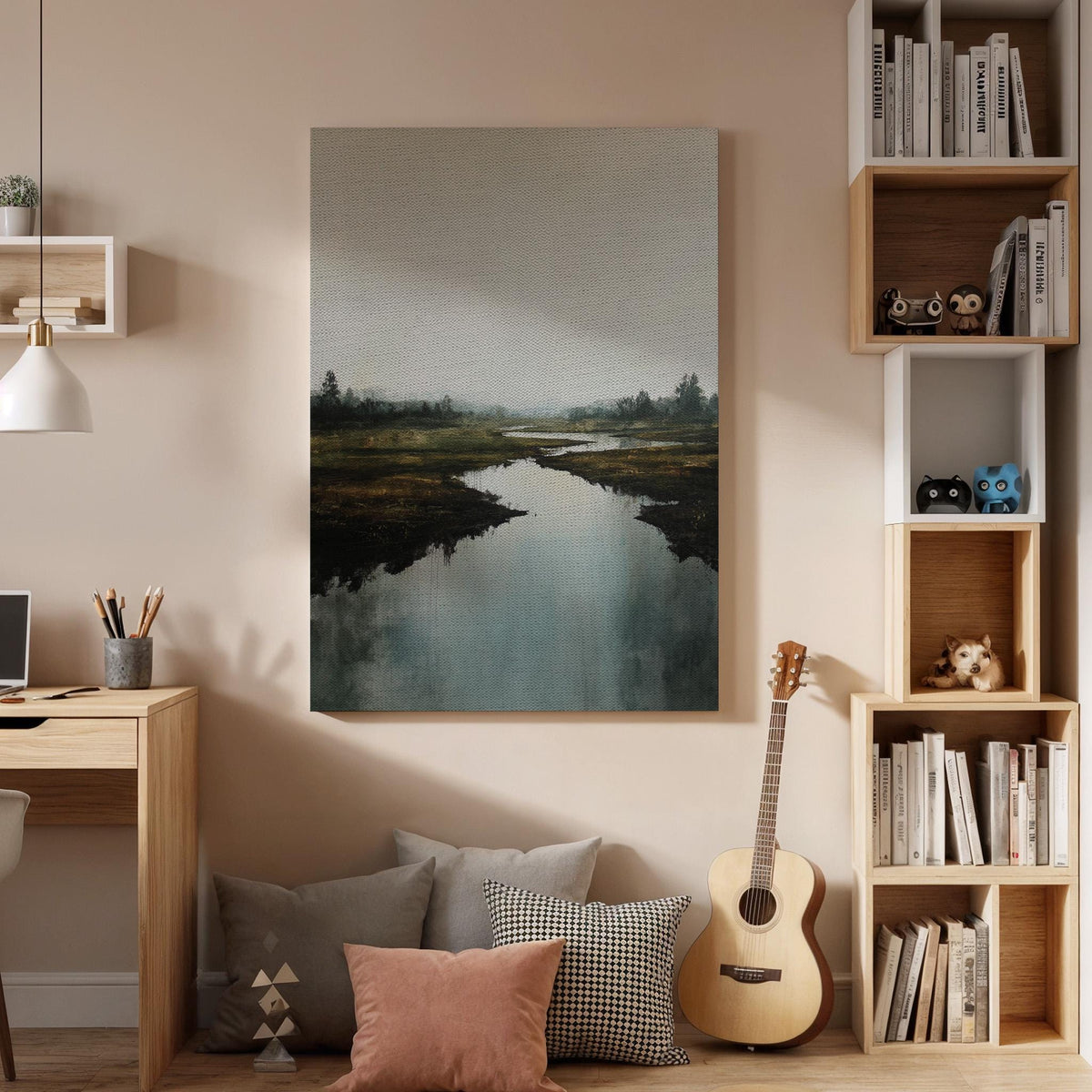 Moody Landscape Canvas Wall Art, Framed River Reflection Artwork, Misty Nature Scene Decor, Modern Bedroom, Living Room Accent, New Home Art