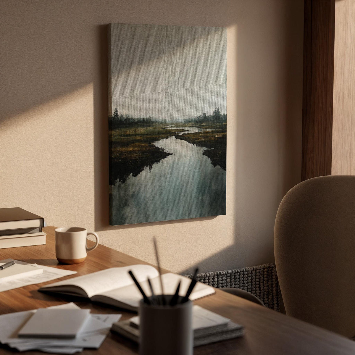 Moody Landscape Canvas Wall Art, Framed River Reflection Artwork, Misty Nature Scene Decor, Modern Bedroom, Living Room Accent, New Home Art