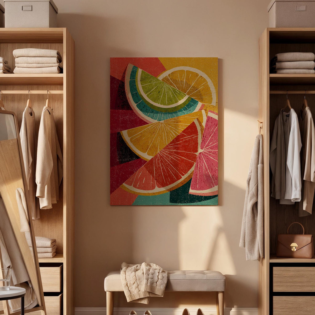 Framed Retro Citrus Canvas Wall Art, Colorful Geometric Fruit Composition, Modern Kitchen Dining Room Decor Accent, Canvas Wall Art