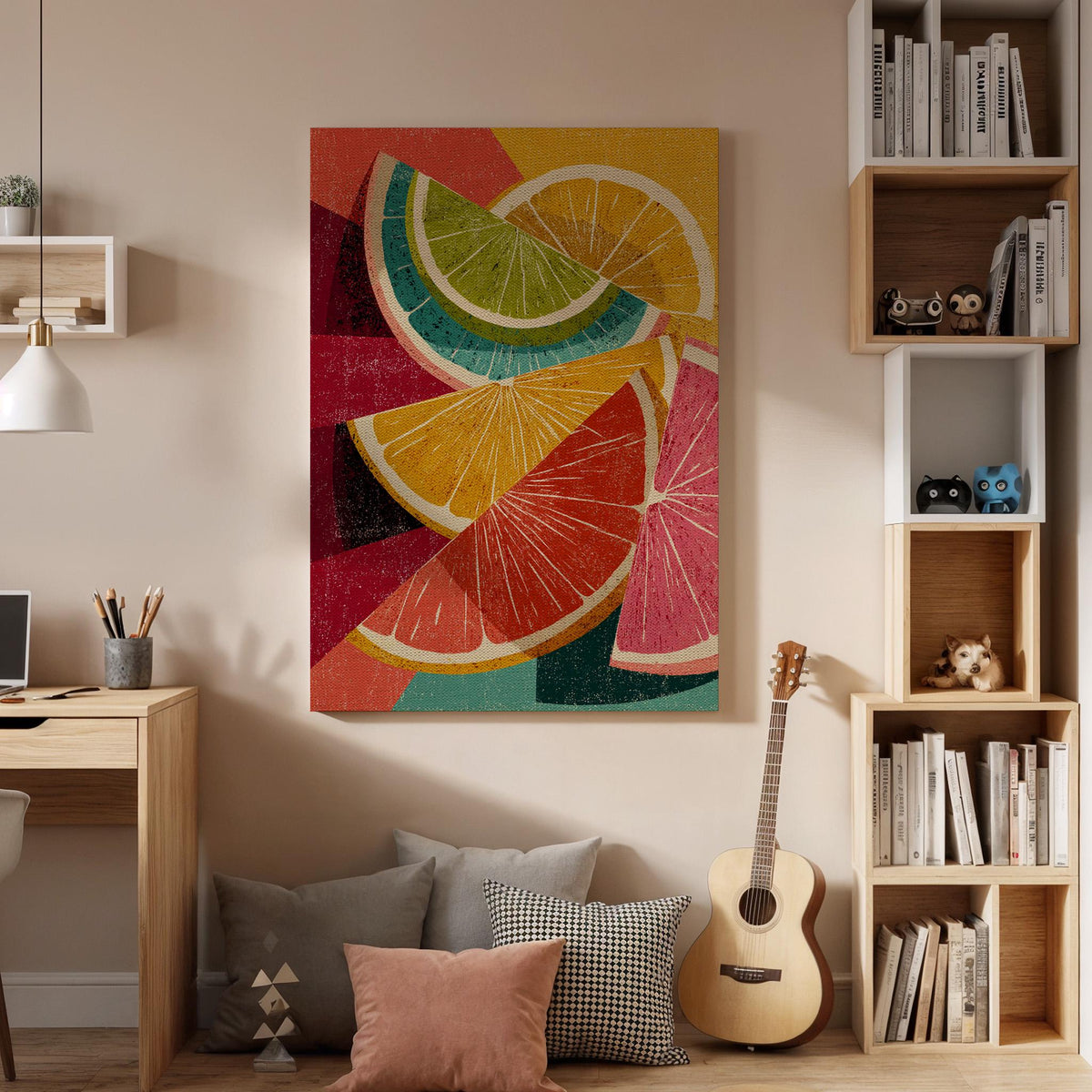Framed Retro Citrus Canvas Wall Art, Colorful Geometric Fruit Composition, Modern Kitchen Dining Room Decor Accent, Canvas Wall Art